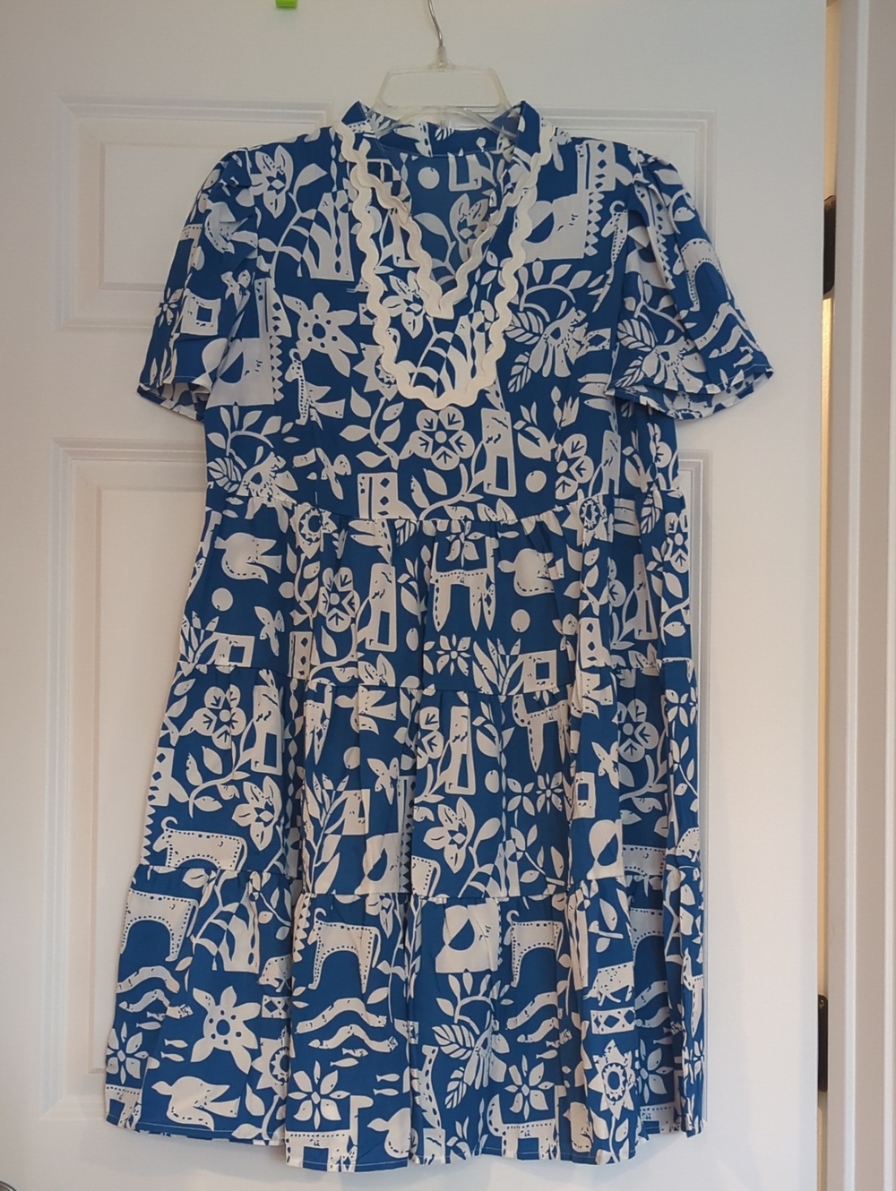 Blue and White Floral Tiered Midi Dress with Scalloped V-Neck
